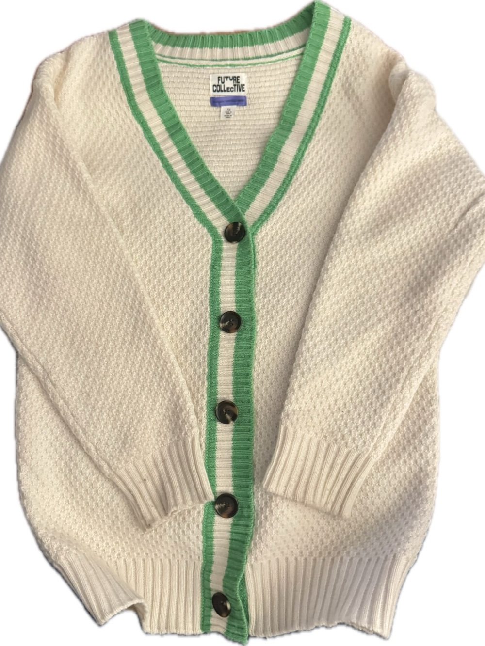 Future Collective Cream Cardigan with Green Trim